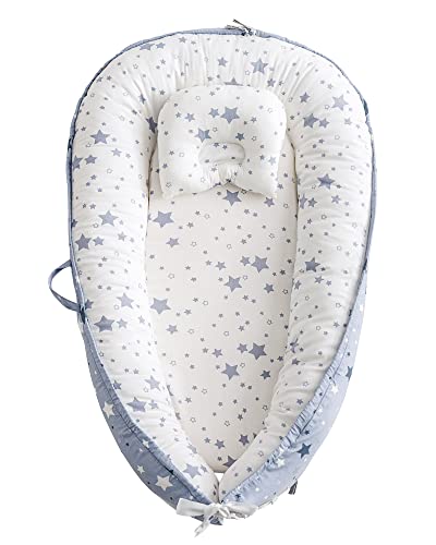Image of Cottonblue Baby Lounger Bassinet, 100% Soft Cotton Breathable and Portable Baby Newborn Lounger Must Have Essentials Gift for Travel, Adjustable Infant Floor Seat Baby Registry Search, Blue Stars