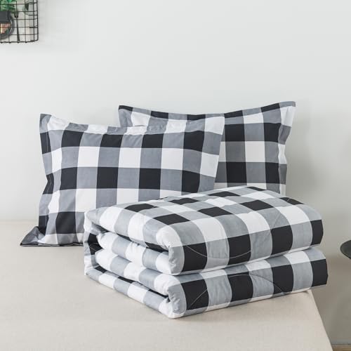 Image of Caressma Black White Comforter Set Twin Size, Classic Buffalo Plaid Comforter Bedding Comforter Sets, Stylish Geometric Plaid Fluffy Home Decor for All Seasons