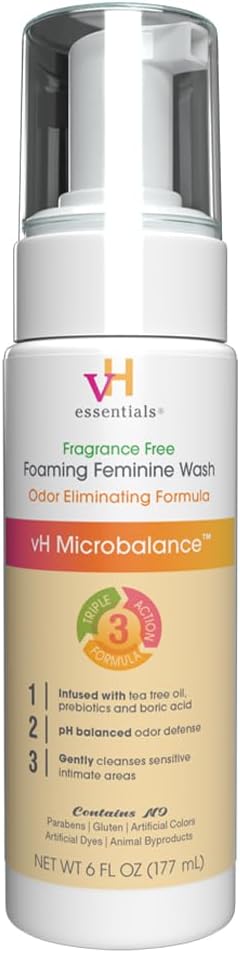 vH essentials Foaming Feminine Wash - Fragrance Free - Ph Balanced, Hypoallergenic, Prebiotics, Natural Botanical Extracts and Vitamins - Odor Eliminating Formula - 6 Fl Oz