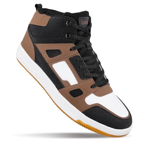 Image of WALKAROO High Top Casual Sneakers for Men's|Stylish and Comfortable|Cushion Insole and Slip-Resistance Outsole|Perfect Casual Wear|WY3466 Black Brown