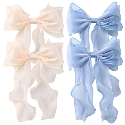 HLTOO 4PCS Big Ribbon Hair Bows, Oversized Long-tail Hair Clips