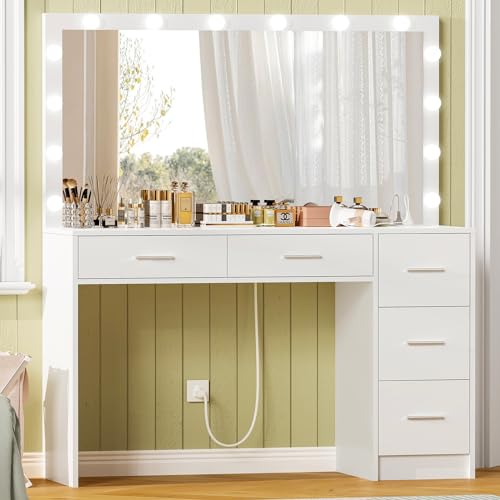 usikey 47.2\" Large Vanity Desk with Lighted Mirror, 14 Lights, Makeup Vanity Table with 5 Large Drawers & Charging Station, Makeup Vanity Desk, Vanity Table Set for Bedroom, White