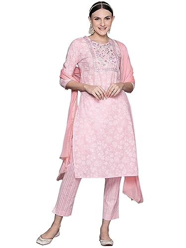 Image of INDO ERA Women's Cotton Embroidered Straight Kurta With Pant & Dupatta Set (KH0PK7187)