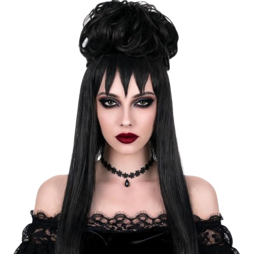 Topcosplay Long Black Wig and Bun with Necklace Halloween Costume Wig for Women or Girls