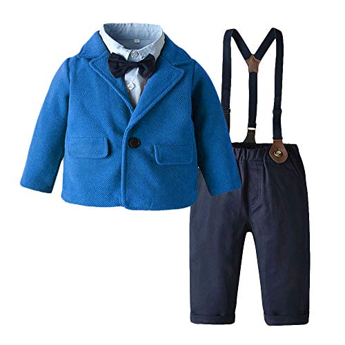 Toddler Baby Boy 4-Piece Formal Clothes Set with Bowtie Shirt, Blazer, Suspender and Pants Suit(Blue, 130/6T)