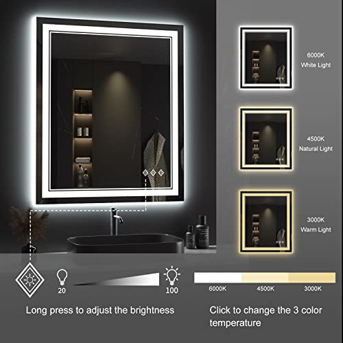 Image of Lighted Mirror, 30x36 Inch Gradient Front and Backlit LED Mirror, 3 Colors Dimmable CRI>90 Double Lights, IP54 Enhanced Anti-Fog, Hanging Plates Wall Mount LED Bathroom Mirror