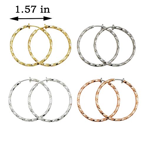 LAXPICOL Twisted Clip On Earrings 4PCS Different Color Gold Silver Black Rose 1.18IN .57IN .96IN .36IN Stainless Hoop Earrings Clip On Earrings for Women No Piercing2