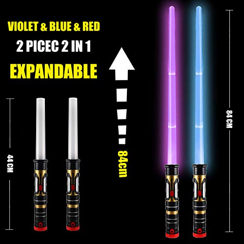 2-in-1 light up swords dual saber3 color changing led fx sound motion sensitive and telescopic handle for galaxy war fighter warriors halloween party kid gift christmas birthday present