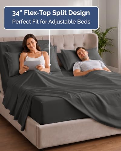 Image of Extra Deep Flex Top Split Head King Sheet Set - 6 Piece Breathable and Cooling Sheets - Hotel Luxury Bedding for Women, Men, Kids & Teens - Easy Secure Fit - Extra Deep Pockets - Charcoal