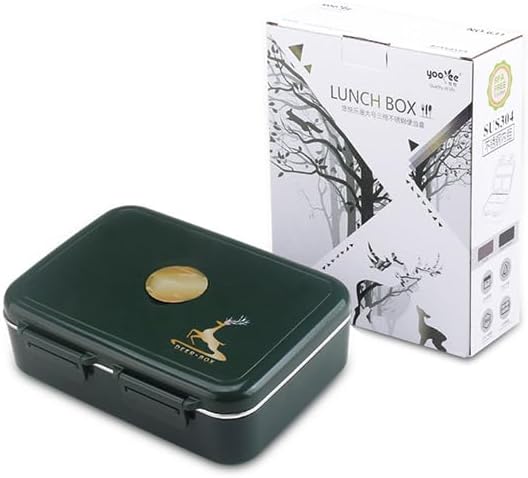 Miniatura 10 de Caja Bento grande de acero inoxidable (8.8 x 6.9 pulgadas), contenedor de almuerzo de 3 compartimentos, a prueba de fugas con bandeja y cuchara de