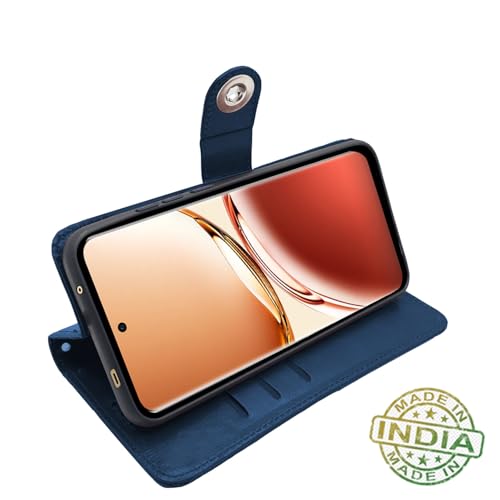 Image of Pikkme Flip Cover Leather Finish | Inside TPU with Card Pockets | Wallet Stand and Shock Proof | Complete Protection Button Flip Case for Oppo F27 5G (Blue)