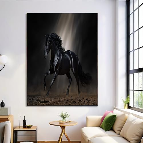 Toile décoration murale salle de bain style réaliste cheval noir majestueux vintage 80x120cm