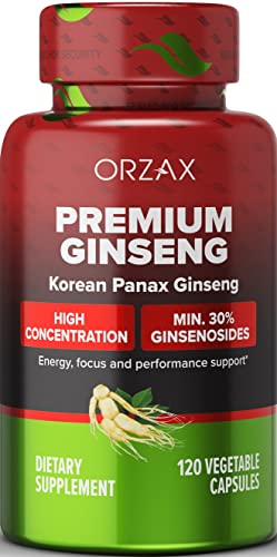 Orzax Ginseng, 30% Ginsenosides, Premium 120 Vegetable Capsules, Panax Ginseng 1000 Mg, Korean Red Ginseng For Energy Boosting, Support Focusing And Performance, Gluten-Free Energy Supplement #TOP3