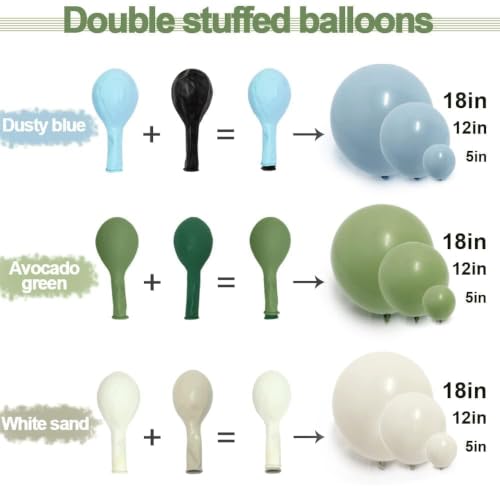 Image of Dusty Blue Green Balloon Garland Arch Kit Double Stuffed Avocado Green Balloons Thick Latex White Sand Pastel Blue Balloons Kit For Jungle Safari Neutral Birthday Baby Shower Party Deocrations