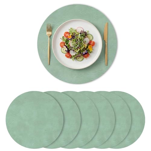 Artoid Mode Lot de 6 Sets de Table en Cuir Vert Sauge Rond 38 cm, Set de Table Lavable Antidérapant Double Face Résistants à la Chaleur Décoration de...
