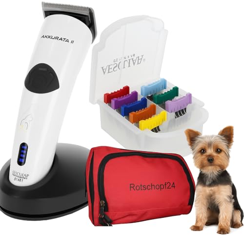 Rotschopf24 Aesculap Akkurata 2 GT407. Profi Hunde Schermaschine. Akku & Netzbetrieb, 180 Min Laufzeit, 3 Geschwindigkeiten, Präzisionsmesser, inkl. 8 Metallkämme + Tasche. Made in Germany.