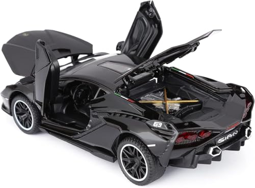 Image of 1:32 Scale Lamborghini Sian Toy Car | Metal Pullback Diecast Car for Kids with Openable Doors, Sound, Light Effects Toy for Car Enthusiasts (Black)