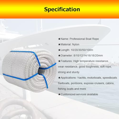 Cuerda de Amarre Blanca de Nailon Trenzado de 3 hebras, 100 m de Largo, Suave, para Yates, pontones y Kayaks. Baja Elasticidad, Resistente a la abrasión con Extremos Reforzados. Cuerda Resistente pa