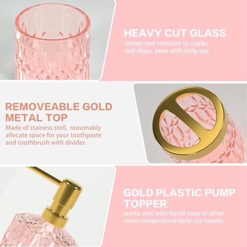 Pink Bathroom Accessories Set, Glass Soap Dispenser and Toothbrush Holder Set, Luxurious Modern Bathroom Decor Sets, Birthday&Wedding Gift, New Homeowners Gift (5PCS)