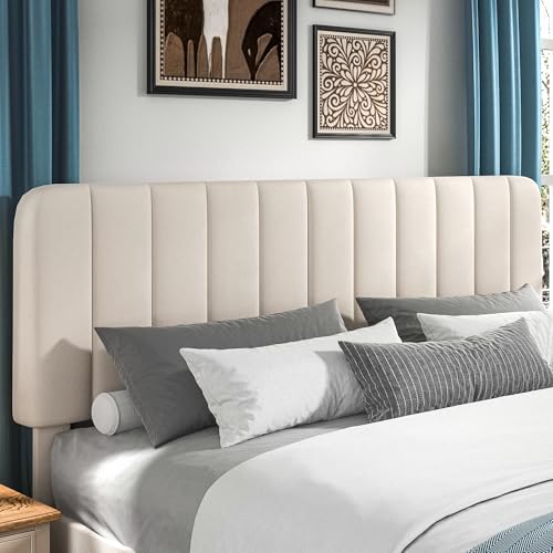 Image of VECELO King Size Bed Frame with Upholstered Headboard, Velvet Platform Bedframe Mattress Foundation, Strong Wood Slat Support, No Box Spring Needed,Velvet Beige