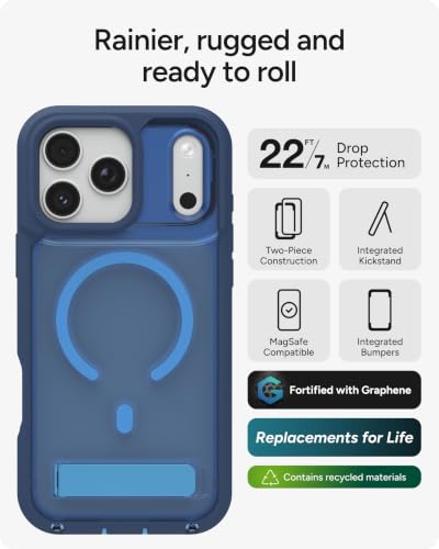 Image of ZAGG Rainier Case with Kickstand for iPhone 17 Pro Max - Blue Cobalt Horizon, Graphene 22ft (7m) Drop Protection, Lanyard Attach Points, MagSafe, Wireless Charging Compatible, Phone Case