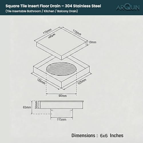 Image of ARQUIN Bathroom Floor Drainer 6x6 Inch 304-Grade Stainless Steel Floor Drain-Diamond Square Flat Cut Anti Without Cockroach Trap Floor Drainer Waste Water Drainer