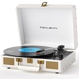 Vintage 3-Speed Bluetooth Portable USB Suitcase Record Player with Built-in Speakers, Upgraded Vinyl Turntable Audio Sound, Includes USB Recording White Leather