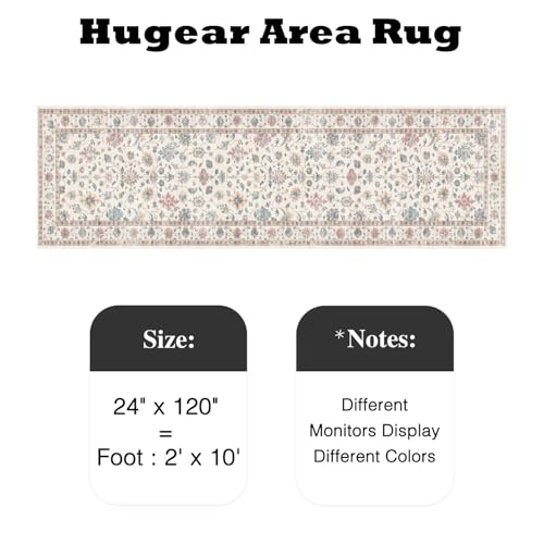 HUGEAR 2x10 Runner Rug Hallway Vintage Colorful Machine Washable Retro Floral Low Pile Carpet Vacuumable Distressed Long Throw Rug Bedroom Office Bathroom Kitchen Farmhouse Playroom Non Slip by HUGEAR - Used condition - Image 2