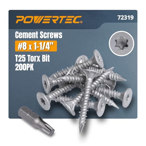 Image of POWERTEC Cement Screws #8 x 1-1 /4″, Ruspert Coated Concrete Screws with T25 Torx Star Drive Bit - High-Low Thread Masonry Screws for Cement Board, Concrete & Brick, 200-Pack (72319)
