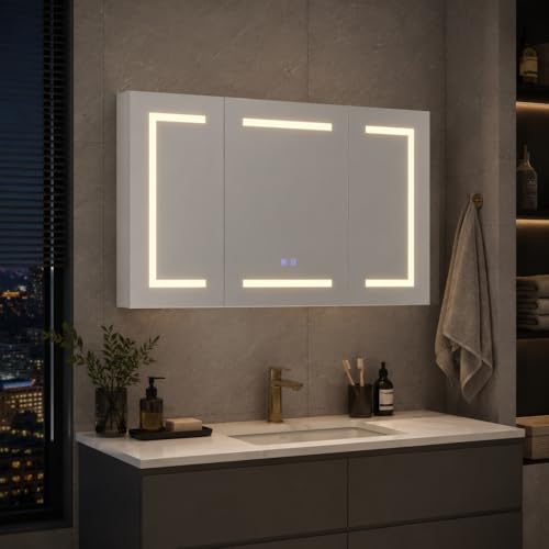 FOERPL Spiegelschrank Badezimmer mit LED Beleuchtung & Steckdose, 100x60cm Wandmontierter Badschrank mit Spiegel,3 Lichtfarben dimmbar,Antibeschlagfunktion,höhenverstellbare Regale, Weiß