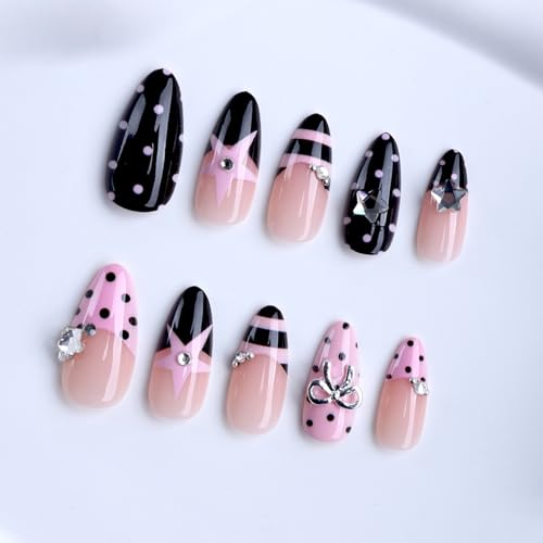 Image of NBNTGH Star Press on Nails Polka Dot Fake Nails Pink Black Design French Tip False Nail Glossy Full Cover Y2K Stick on Nail for Women Manicure 24Pcs