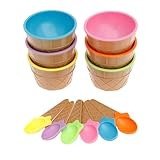 FALESOUL Ice Cream Bowls and Spoons Set, 6 Pack Reusable Plastic Ice Cream Cups and Waffle Cone Spoons for Dessert, Cartoon Candy Colorice Cream Bowls Set for Festive Party Favor Kids Gift (6 Pack)