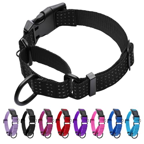 Image of Martingale Dog Collar, Reflective No Pull with Buckle, Black, S | Escape Proof without choking ,Training Collar with Quick Release Buckle, Adjustable Heavy Duty Nylon collars for S M L Dogs