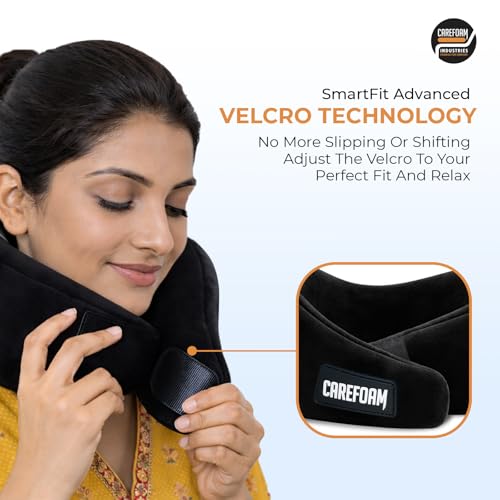 Image of CareFoam Virgin Memory Foam Travel Neck Pillow for Airplane, Car & Train - Dual Height (5 inch & 4 inch) 360 Neck Support with Adjustable Velcro Fastening & Ultra-Soft Velvet Cover