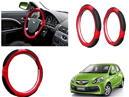 Image of Microfiber Car Steering Wheel Cover, Soft Padding Great Hand Feel, Anti-Slip, Faux Leather Steering Cover for Honda Brio | Black Red Jali - Pack of 1