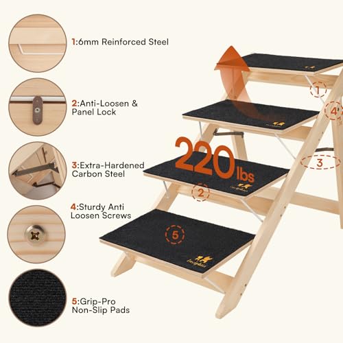 Luciphia Wooden Dog Stairs for Small Dogs 2-in-1 Foldable Dog Steps for Beds Cars Couch Anti-Slip Pet Ramp with 3 Steps Indoor Pet Stairs for Medium Large Older Pets Cats up to 220lbs