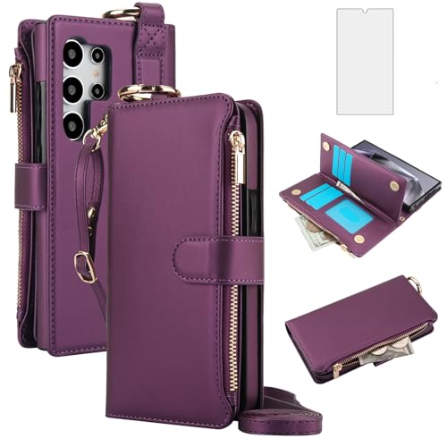 Asuwish Phone Case for Samsung Galaxy S24 Ultra 5G Zipper Wallet with Tempered Glass Screen Protector Strap Card Holder RFID Blocking Stand Cell Cover S24Ultra 24S S 24 24Ultra Women Girls Deep Purple