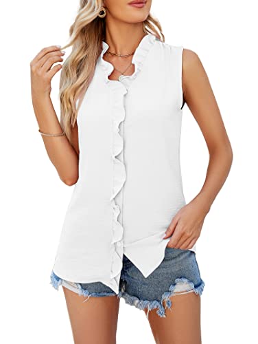 Famulily Ruffle Tank Top for Women V Neck Ruffled Collared Shirts Sleeveless Ruffle Placket Button Front Blouse