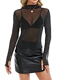 Enjyam Mesh Shirt Damen Sexy Transparent Netz Sheer Top mit Stehkragen Weich Dehnbar Langarmshirt Clubwear,L
