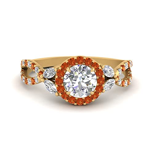Image of Choose Your Gemstone Floral Split Shank Halo Engagement Ring Yellow Gold Plated Round Shape Split Shank Engagement Ring Lightweight Office Wear Everyday Gift Jewelry US Size 4 to 12