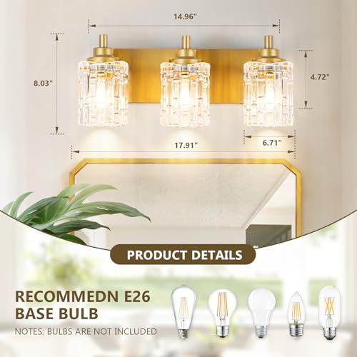 Image of Brushed Gold 3-Light Bathroom Vanity Light with Glass Shade | Luxury Brushed Gold Finish & Sparkling Crystal Glass. Hardwired, Fits E26 Bulbs (Max 60W). Easy to install