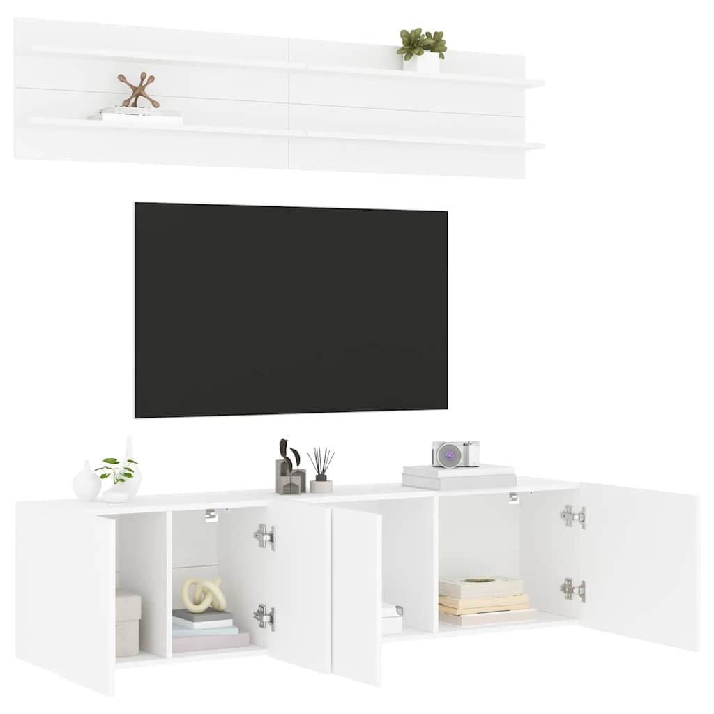 Mobile TV a Muro Bianco in Legno Multistrato 6 pezzi per Soggiorno e Salotto con Supporto, Pensile e Vano Contenitore ideale per Organizzare Decoder, Router, Videogiochi e Accessori