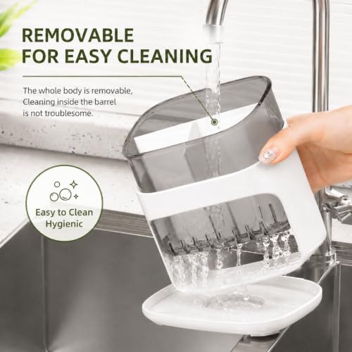 Image of Cutlery Holder with Drainage Tray | Kitchen Cutlery Organizer with Removable Partition | Large Capacity Countertop Storage Caddy (White)