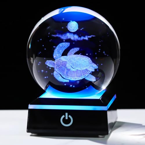 Image of Arikyrist 3D Crystal Ball Sea Turtle Figurine with LED Base Laser Sea Turtle Gifts for Women Men on Christmas Birthday Decorative Turtle Ball Glass Sea Turtle Globe Night Light for Home Decor (80mm)