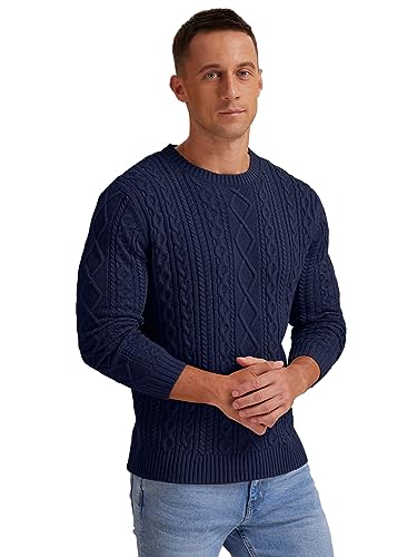 Hisir Men's Winter Cable Knit Jumpers Casual Crew Neck Thick Warm Long Sleeve Sweater Pullover Tops for Men UK (Navy Blue, M)