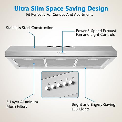Image of 600 CFM Range Hood 36 Inch, Under Cabinet Range Hood for Duct /Ductless Convertible, Stainless Steel Kitchen Stove Vent Hood with 3 Speed Kitchen Exhaust Fan and Two Bright Energy-Saving LED Light