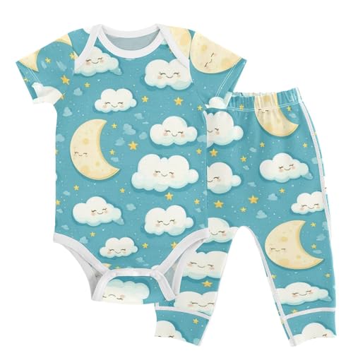 vvfelixl White Clouds and Moon Baby Bodysuits Set,Baby Layette Sets Unisex Short Sleeve Babys Pants Sets 6-9M