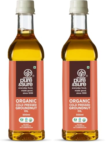 Image of Pure & Sure Organic Cold Pressed Groundnut Oil 500ml | Peanut Oil /Sing Tel Edible for Cooking | Extracted on Wooden Churner | Nutrient Rich & Chemical Free (Pack of 2)