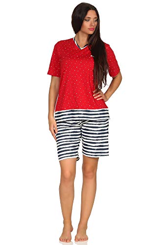 Marítimo - Pijama corto para mujer, manga corta, pantalón de rayas marítimas, top en lunares, rojo, 42-44