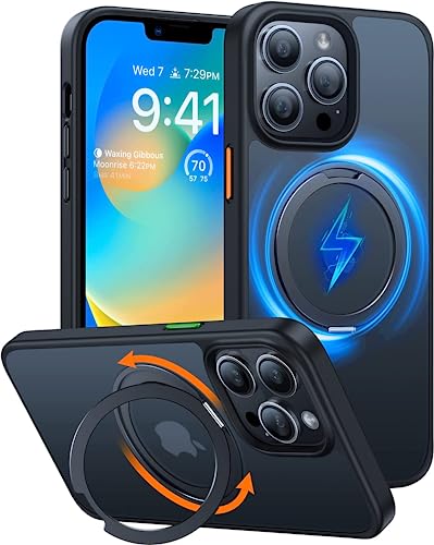 TORRAS 2024 Upgraded 360° Rotatable Ring for iPhone 13 Pro Case, Fit for Magsafe with Stand, Magnetic Ring Holder, Military Grade Shockproof Translucent Back Slim Phone Case Ostand R, Space Black